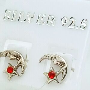 925 Sterling Silver Crescent Moon and Star Red Crystal Stud Earrings Celestial